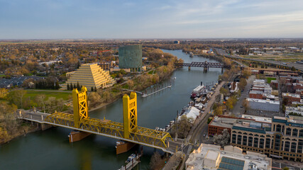 Aerial views of downtown Sacramento skyline and bridges.