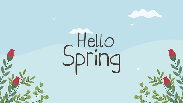 hello spring lettering with flowers animation