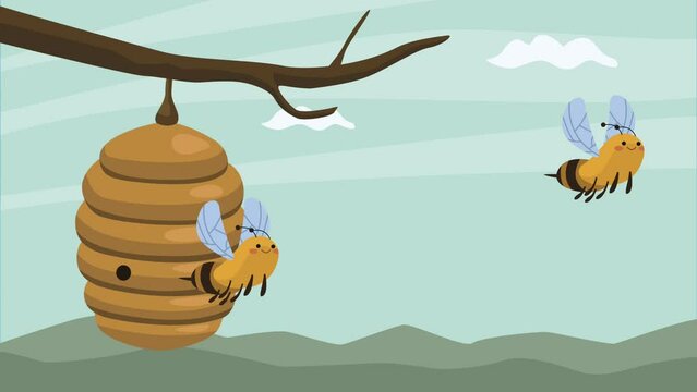 bees in honeycomb spring landscape