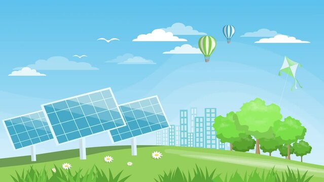 4k Solar Energy. Alternative energy and ecology concept animation design. Cityscape Natural landscape with sun panels design elements. Renewable energy and clean environment design