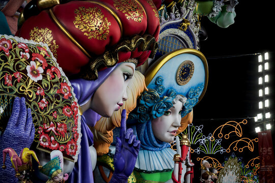 Valencia, Spain - 4 September 2021: Detail of Fallas figurines, years winning work with the topic 'Venice fantasy' by the artist Pere Baenas at Convent Jerusalem