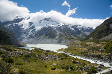 Glacier lake and water stream at Mount Cook National Park, New Zealand