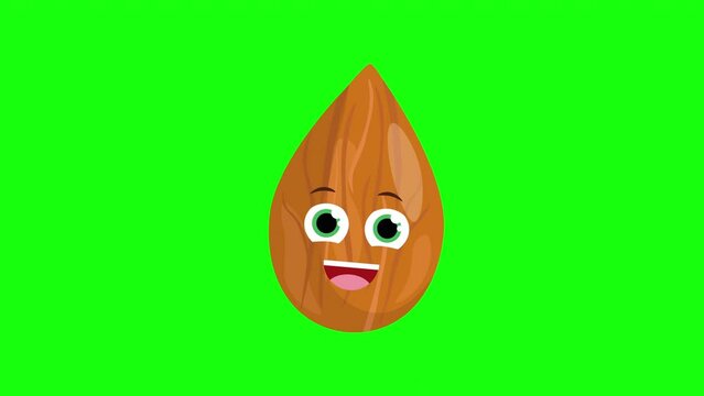 4K Animated Cute Almond Cartoon Character Isolated on Green Chroma Key Background. Cartoon Almond Seed Character Dancing. Healthy and organic food animated design element.