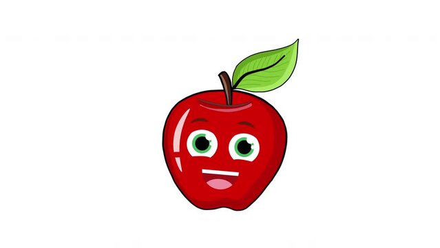 4K Animated Cute Apple With Eyes and smiling Mouth. Fruit Animation Design. Isolated on White Background. Red Apple Funny Cartoon Character. Glad and Happy Character Happy Apple. Healthy Fruit Concept
