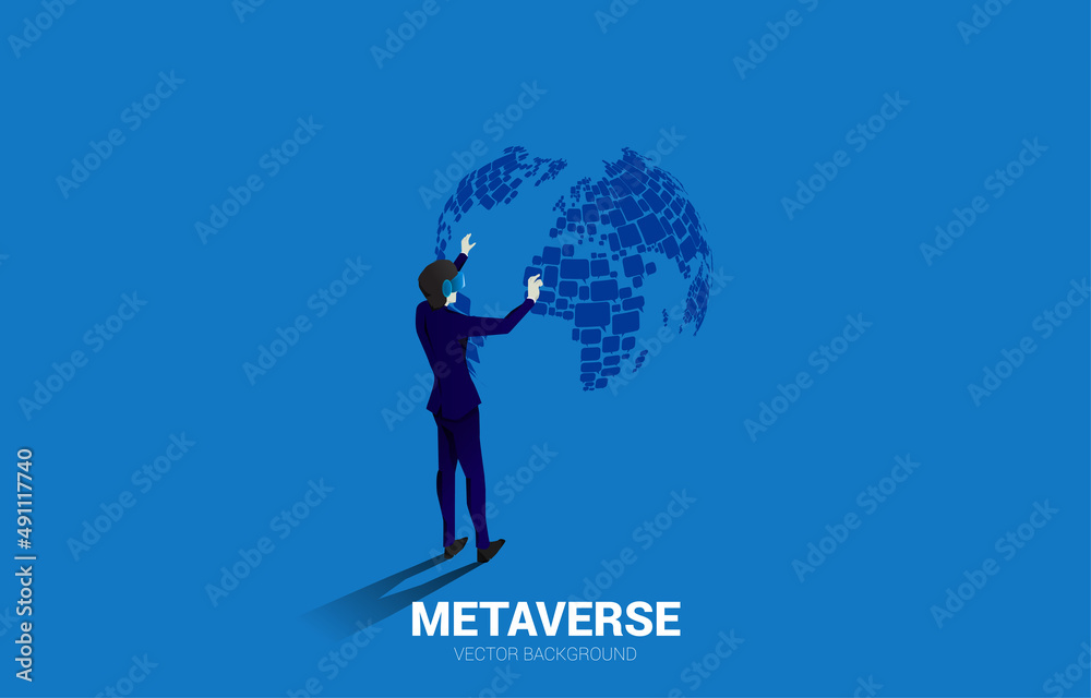 Poster silhouette businessman wear vr glasses with group of speech bubble icon shape to world map . concept
