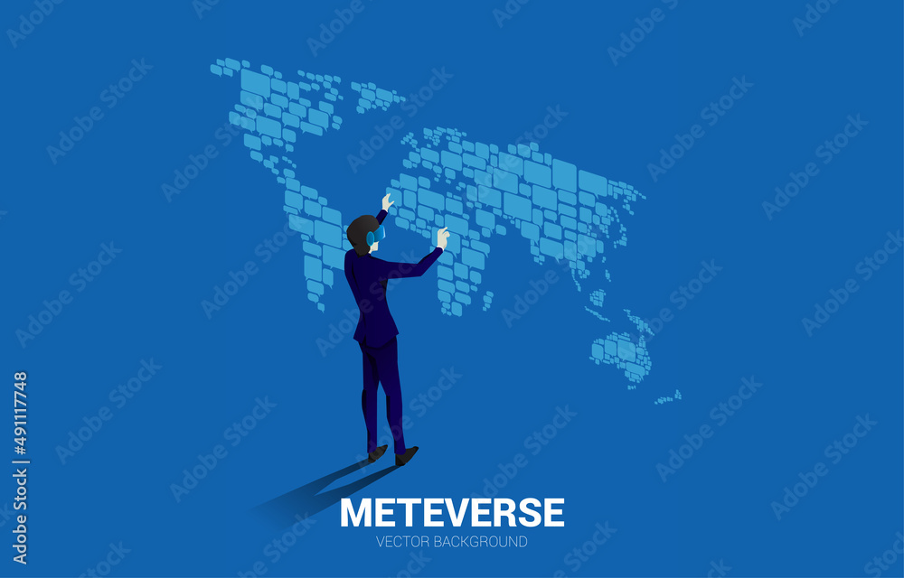 Poster silhouette businessman wear vr glasses with group of speech bubble icon shape to world map . concept