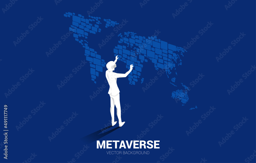 Poster silhouette businessman wear vr glasses with group of speech bubble icon shape to world map . concept
