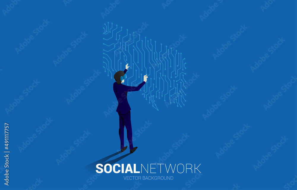 Poster silhouette businessman wear vr glasses with talk bubble icon with dot and line connections with circ