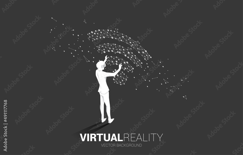Poster silhouette businessman wear vr glasses with dot connect line circuit board style mobile data icon. c