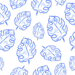 Vector Hand Drawn Doodle Style Palm Leaves Seamless Pattern on White Background. Retro Vintage Style Leaves Texture. Tropical palm leaves, jungle leaves seamless vector floral print textile background