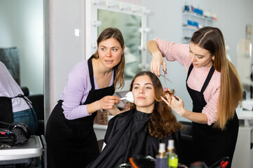 Two young women working as a professional makeup artist and hairdresser apply blush with a brush on the face of a young female ..client and cut her hair in a beauty salon