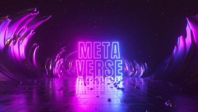 looping 3d animation, abstract neon background. Cosmic landscape with glowing metaverse word under the starry night sky. Flight forward through corridor of rocks, outer space inside virtual reality
