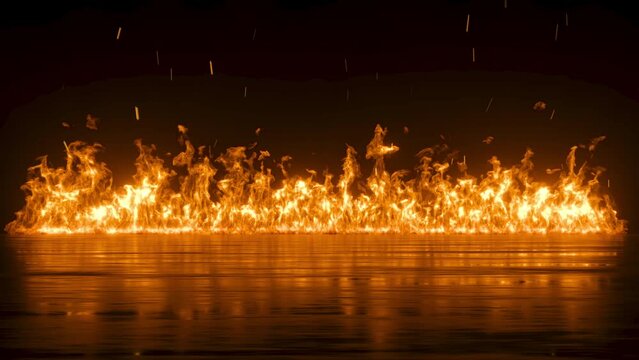 3d animation of blazing fire over black background. Burning flames in the dark