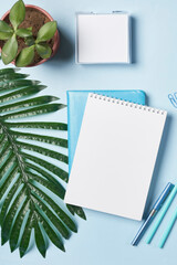 Bright office workspace. Work space with notepad, keyboard, coffee and glasses. Work space table desk. Flat lay, top view, copy space