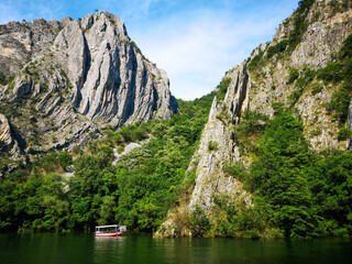 Matka canyon in Macedonia near Skopje, boat on the lake.