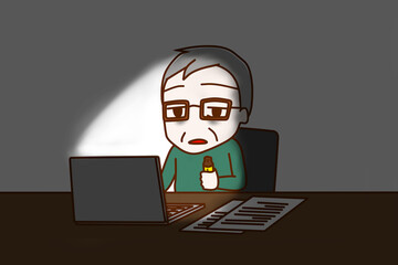 夜まで座ってパソコンで栄養ドリンクを飲みながら辛そうに作業をしている高齢の男性