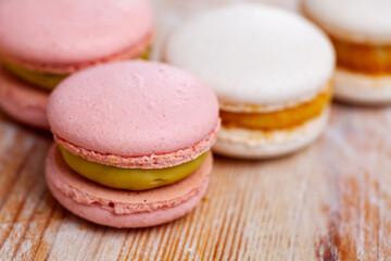 National French cuisine pastries Macarons, made with egg whites, sugar and ground almonds
