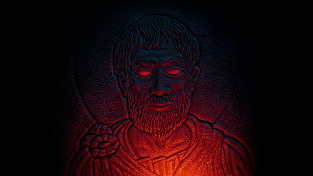 Man With Glowing Eyes Classical Wall Carving In Firelight
