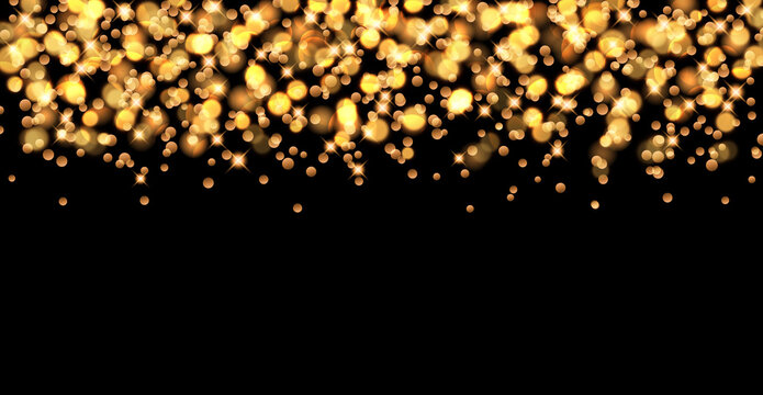 Abstract gold bokeh and star on black background. Shiny confetti light backdrop vector.