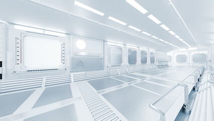 Corridor in space station or in laboratory decorated with grey color. futuristic and technology background, 3D Render. © oatintro