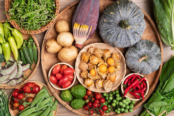 Organic Southeast Asian vegetables from local farmers market, Northern of Thailand, Sustainability concept