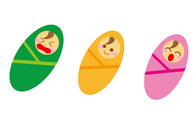 生まれたばかりの新生児の赤ちゃんのイラストセット。表情違いと色違い。