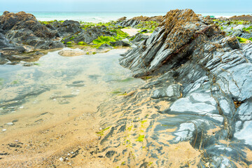 Tidal rock pool surrounded by smooth rocks and seaweed,Dollar Cove,Gunwalloe, Helston,Cornwall,England,UK.