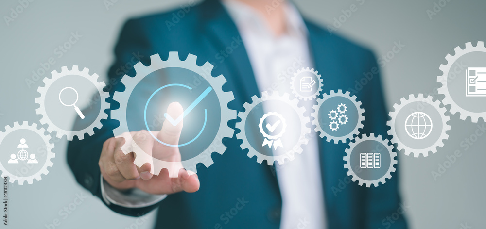 Poster quality management with qa (assurance), qc (control) and improvement. top service quality assurance,