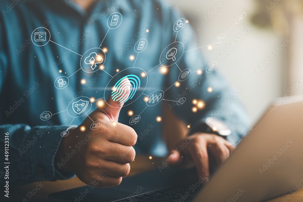 Poster businessmen Fingerprint scanning and biometric authentication, processing of biometric for access personal data. surveillance and security scanning of digital programs cyber futuristic applications