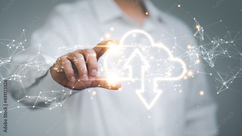 Aufkleber Cloud Computing Technology Internet Storage Network Concept, man holding virtual cloud computing data and security on global networking with connection line...
