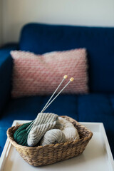 Fototapeta na wymiar Basket Of knitting and Crochet Supplies 