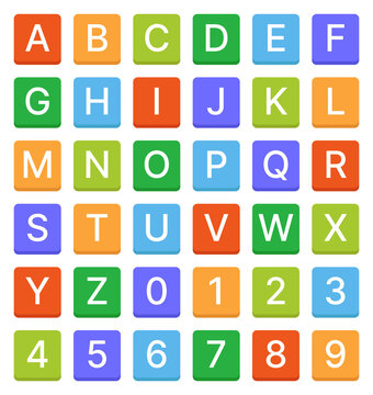 Alphabet letters and numbers icon set in colorful design. Vector illustration