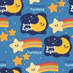 seamless pattern hand drawing cartoon stars, rainbow, night sky, moon for kids wallpaper, fabric print, textile, gift wrapping paper