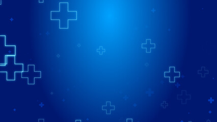 Medical health blue cross neon light shapes pattern healthcare technology background.