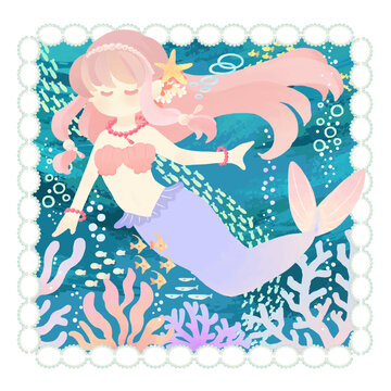 メルヘンな人魚姫 背景付 マリン イラスト ( 正方形 ) .2 の Stock