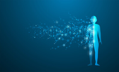 Concept of fusion of DNA and physical network molecules. human body connection, futuristic blue background