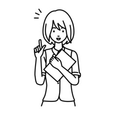 立って書類を手に持って何かひらめいた事務員制服の女性