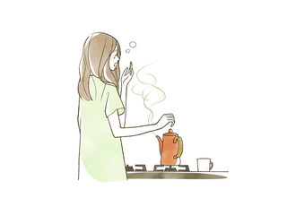 キッチンであくびをしている女性