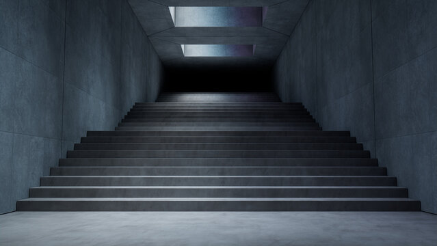Stairway Interior with Tiled Concrete walls and Bare Concrete floor. Eerie underpass with Contemporary Architecture. 3D Render.