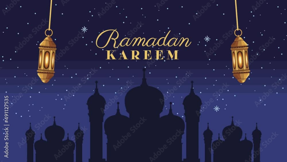 Poster ramadan kareem lettering with mosque silhouette