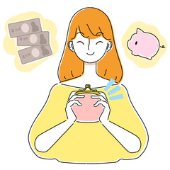 お金を貯金をする女性のイラスト