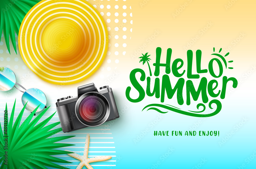 Wall mural summer vector background design. hello summer typography text in gradient space with 3d hat, camera 