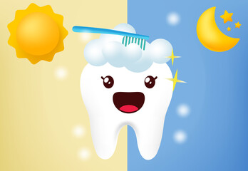 Toothbrush emoji characters vector design. Day and night teeth brushing healthy molar hygiene with healthy and protected tooth emoticon in blue background for kids oral health hygiene. - obrazy, fototapety, plakaty