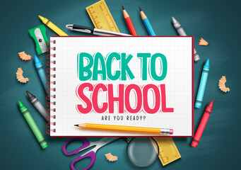 Fototapeta Back to school vector concept design. Back to school text in notebook item with crayons and pencil elements for educational learning objects. Vector illustration.
 obraz