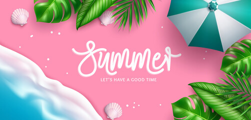 Fototapeta na wymiar Summer vector background design. Summer typography text in pink sand seashore with tropical leaves and umbrella elements for relax and enjoy season. Vector illustration. 