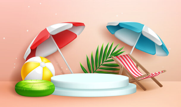 Summer Photography Design. Summer Elements Of Umbrella, Beach Chair And Floater Beach Ball In Minimalist Color Background For Studio Decoration. Vector Illustration.
