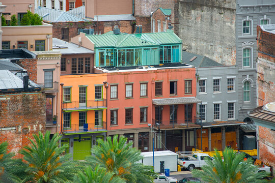 Aerial view of historic buildings at 420 Common Street near historic French Quarter in downtown New Orleans, Louisiana LA, USA.