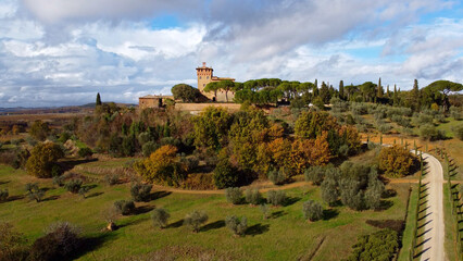 Fototapeta na wymiar Typical country estate in Tuscany Italy - amazing aerial view