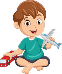 Cartoon little boy playing bus and airplane toys