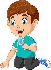 Cartoon little boy using a magnifying glass
